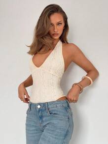 Almamuse Petite Bộ đồ liền thân ren cổ chữ V gợi cảm ôm sát - Màu be - Xem 3