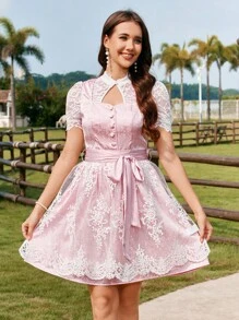 Firerie 女士优雅慕尼黑啤酒节蕾丝边方领交叉系带可拆卸蕾丝围裙 A 字粉色短裙、连衣裙 - 粉色 - 查看 9