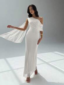 Aloruh 女士优雅纯色不对称领连衣裙