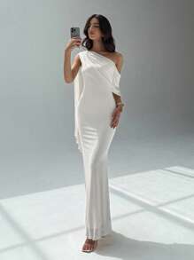 Aloruh 女士优雅纯色不对称领连衣裙