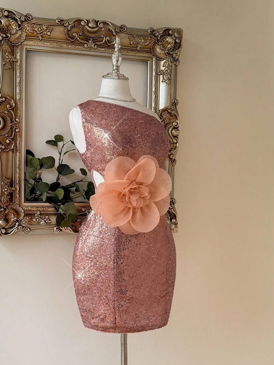 SHEIN Belle Elegant Champagne Pink Fine Sequined One-Shoulder Bodycon Dress,Gorgeous Oversized Stereo Floral Decor Wedding Guest Party Bachelorette Prom Cocktail - Champagne - View 1