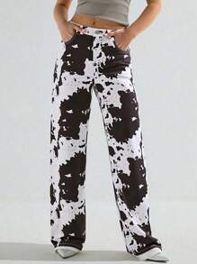 SHEIN Tall Jeans anchos y sueltos de estilo casual con estampado de vaca, jeans blancos para mujer, ropa de mujer para otoño, jeans de vuelta al colegio