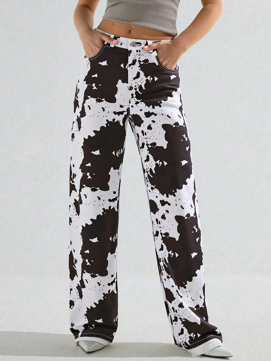 SHEIN Tall Jeans anchos y sueltos de estilo casual con estampado de vaca, jeans blancos para mujer, ropa de mujer para otoño, jeans de vuelta al colegio