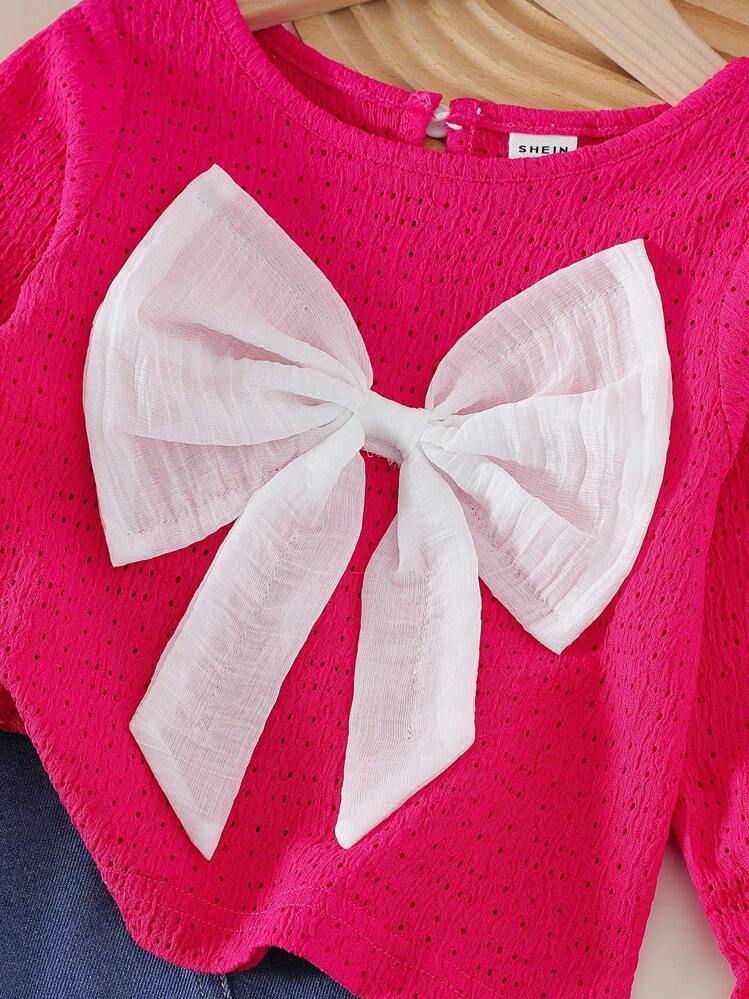 SHEIN Playful Pals 女宝宝秋冬休闲梅红色蝴蝶印花长袖上衣和牛仔裤套装 - 玫紅色 - 查看 3