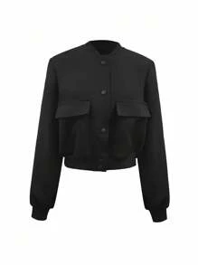 INAWLY Áo khoác bomber màu trơn thông thường cho nữ, mùa xuân và mùa thu - màu đen - Xem 4