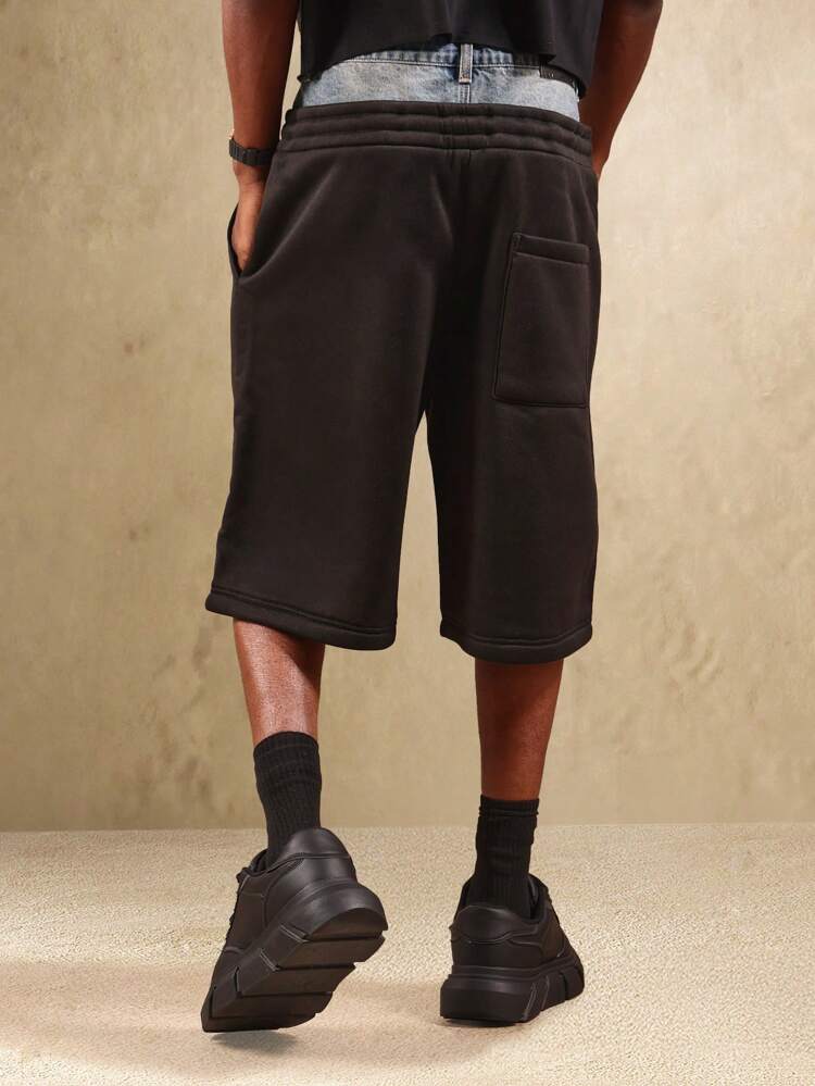 SUMWON Men Fleece Knee Length Skater Bermuda Jort Unisex Streetwear Wide Leg Drawstring Cargo Summer Long Shorts Plain