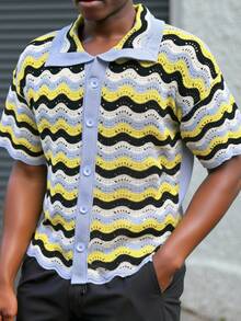 Manfinity Homme Men's Casual Button-Up Short Sleeve Knit Top Men Knitted Button Up Crochet Jersey Men Crochet Shirts - Baby Blue - View 1