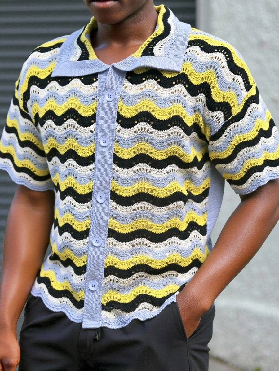 Manfinity Homme Men's Casual Button-Up Short Sleeve Knit Top Men Knitted Button Up Crochet Jersey Men Crochet Shirts - Baby Blue - View 1