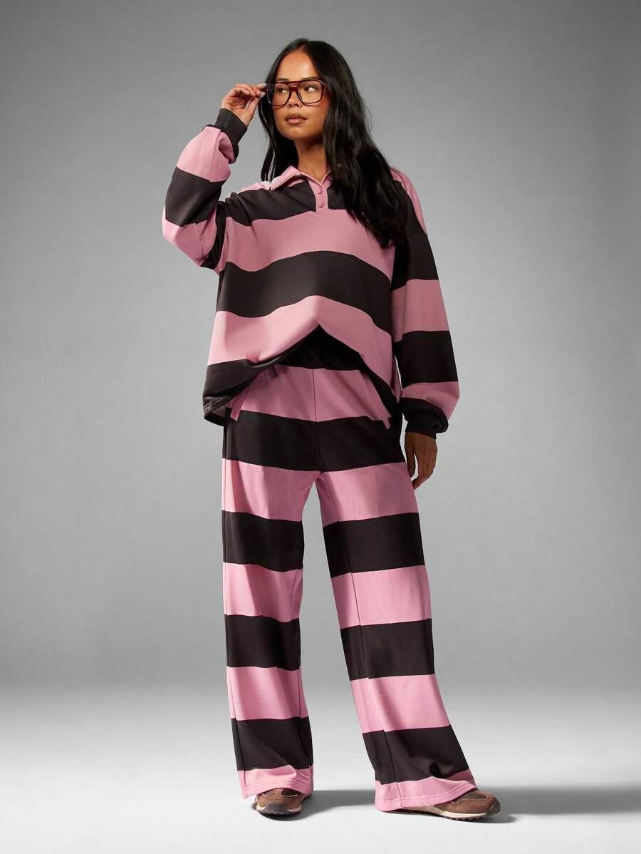 MISSGUIDED 超大号橄榄球两件套阔腿裤休闲运动复古条纹翻领舒适家居服秋冬校园时尚 - 彩色 - 查看 1
