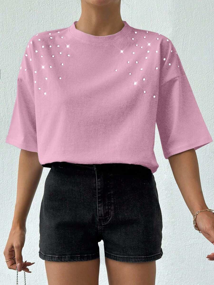 EURMUSE 100%纯棉女款白色水钻T恤 - 淺粉色 - 查看 1