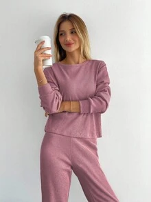 SHEIN Cottnline Cotton Women Solid Color Ribbed Tee & Pants ,Petite Women - Hot Pink - View 5