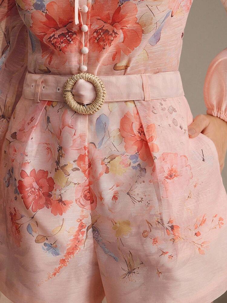 Anewsta Elaire Summer Elegant Lotus Pink Floral A-Line Dress With Belt And Shorts For Women