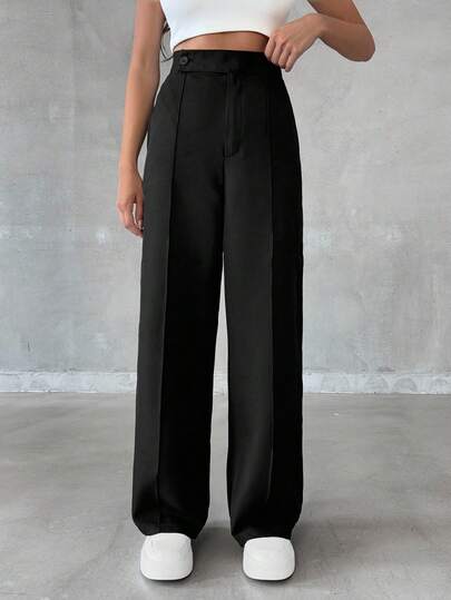 EURMUSE Women's Elegant Single Button Detailed Straight Office Pants