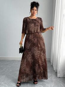 Vionelle Váy xếp ly họa tiết da báo thanh lịch cỡ lớn, Xuân/Hè - màu nâu - Xem 5