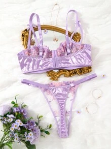 SHEIN 2 件女士紫色浪漫情人节内衣套装，性感透明文胸和内裤套装 - 紫色 - 查看 2