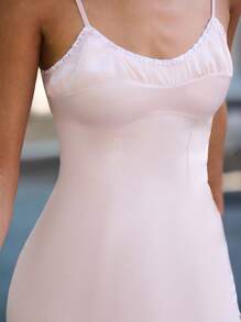 lacRébo Pink Satin Fitted Midi Strappy Bodycon Dress With Seam Details And Lace Trim Neckline Date Night Dress Going Out Outfits Spring Summer Party Dress - Pink - View 6