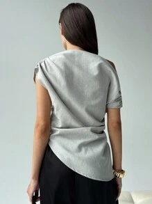 Aloruh New Minimalist Fashion Versatile Gray Asymmetrical Neck Pleated Decor Cinched Waist Pullover Fitted Short Sleeve Blouse