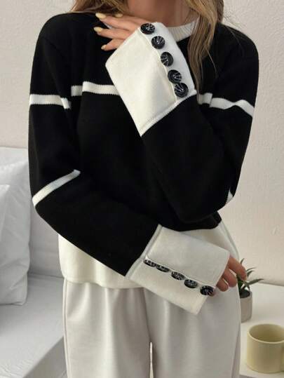 EURMUSE Dames 🕶 "Chic Contrast" gebreide trui met knoopjesmanchetten, strakke strepen + opvallende mouwen = garderobe-overwinning, casual, elegant, dagelijks gebruik, herfst, winter, chic