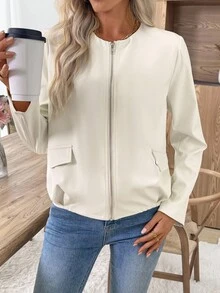 EMERY ROSE Women's Raglan Sleeve Zip-Up Round Neck Casual Versatile Jacket Zip Up Jacket Summer Jacket For Women Lightweight Jacket Cover Up Jacket Blazer In Fall/Winter - White - View 4