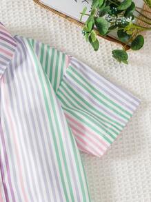 Genkimix Kids 1 件年轻女孩条纹印花短款短袖衬衫淡色条纹衬衫夏季返校休闲衬衫 - 彩色 - 查看 6