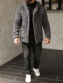 Manfinity Homme 男士长袖休闲纯色连帽外套，秋冬季百搭单品 - 灰色 - 查看 4