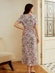 Omancia 秋季女式印花褶皱修身优雅浪漫连衣裙，适合休闲、度假、返校、感恩节、春夏季 - 彩色 - 查看 2