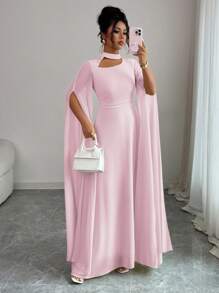 Elenzga Váy đi biển phong cách Pháp lãng mạn thanh lịch dành cho nữ, vải voan mỏng, cổ khoét sâu, dây buộc chéo sau lưng, chân váy maxi xòe, tay dài, xẻ tà, thích hợp cho tiệc trà chiều, tiệc tùng, phong cách Trung Đông, xuân/hè - Hồng - Xem 6