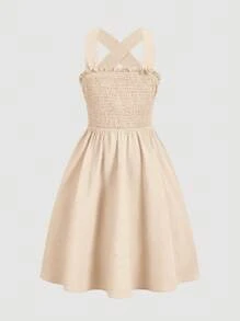 SHEIN Tween Girls' Backless Bow Decor Cross Strap Casual Sleeveless Dress - Beige - View 4