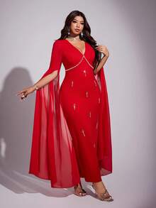 Viva Relle 大码女士优雅浪漫奢华派对、宴会、婚礼宾客、新年轻盈连衣裙，饰以钻石和珍珠，V领，雪纺泡泡袖，收腰设计，直筒廓形，长款连衣裙，秋冬款 - 紅色 - 查看 7