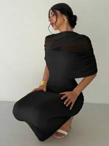 Firerie 优雅浪漫的黄色纯色荷叶边领口不对称褶皱腰身修身连衣裙，女士沙滩装，女士机场装，度假装，女士教师装，黑色连衣裙，优雅大方 - 黑色 - 查看 7