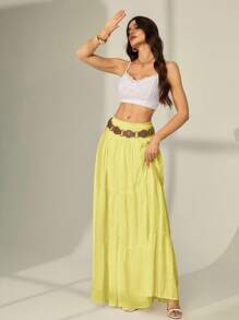 SHEIN Tall Damen einfarbiger Skirt mit geraffter Taille und Rüschensaum in Gelb - Gelb - Übersicht 6