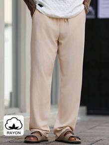 Manfinity Homme 男士休闲纯色抽绳腰裤男人造丝裤子男宽松裤子奶油色裤子男 - 卡其色 - 查看 1