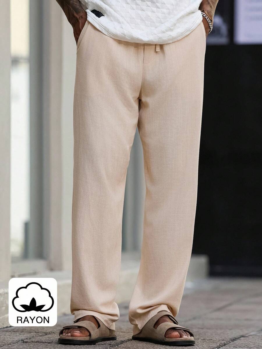 Manfinity Homme 男士休闲纯色抽绳腰裤男人造丝裤子男宽松裤子奶油色裤子男 - 卡其色 - 查看 1