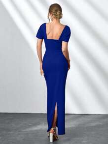 CLARA VERO Phong cách thanh lịch, cổ vuông với chi tiết kim cương giả, đầm dài màu đen - Màu xanh lam - Xem 2