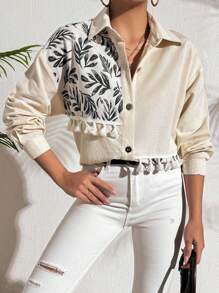 EURMUSE 100%Cotton Plant Print Fringed Drop Shoulder Sleeve Shirt - Black - View 3