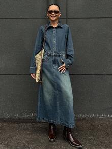 DAZY 女士休闲水洗长款牛仔连衣裙 - 藍色 - 查看 1