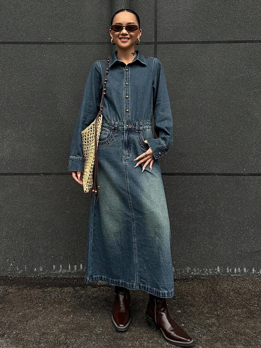 DAZY 女士休闲水洗长款牛仔连衣裙 - 藍色 - 查看 1