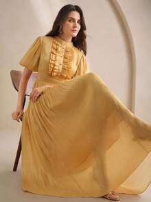 Anewsta 女士长裙，夏季款式，荷叶边设计，优雅百搭，适合节日和假日穿着 - 黃色 - 查看 6