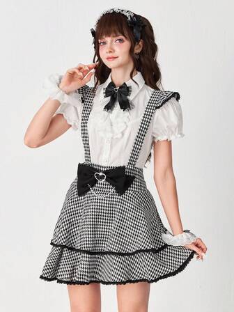 EDITION Gonna elegante da donna con decorazione a fiocco in motivo pied-de-poule, estiva