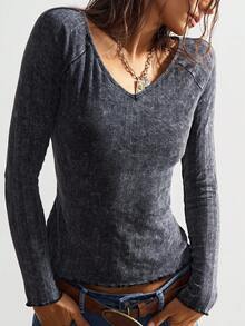 Bohemela 女士休闲纯色V领长袖T恤 - 黑色 - 查看 5