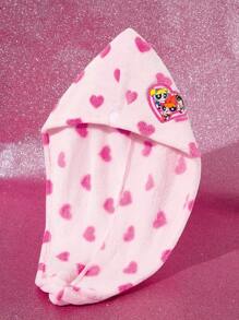 THE POWERPUFF GIRLS X SHEIN 1 pieza Toalla de secado de cabello con estampado de corazón y flor, burbujas y Buttercup, absorbente, adecuada para todos los tipos de cabello