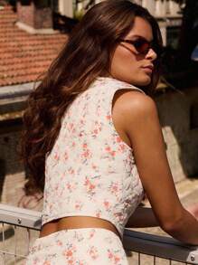 lacRébo Vintage Style Floral Print Quilted Sleeveless Button Front Waistcoat Going Out Top Spring Summer Top - White - View 6