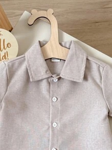 Baby Boy Solid Color Turn-Down Collar Short Sleeve Cardigan Top And Pants Set - Apricot - View 4