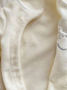 Newborn Baby Boy Autumn/Winter Cute Cartoon Embroidery 3D Ear Snap Front Cozy Plush Fleece Footed Romper Jumpsuit Outfit - White - View 4