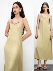 Lumivelle Vestido de satén y brillo con textura de tela de unicolor, decoración de anillo de metal para mujer, vestido de cadena de vacaciones, vestido de verano para la universidad - Verde - Ver 9