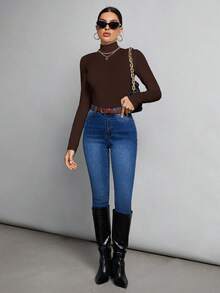 SHEIN Tall 簡單純色修身高領棕色上衣，適合秋冬，高個女性穿著 - 棕色 - 查看 4