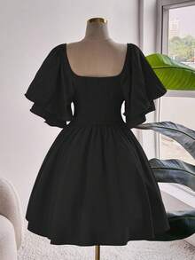 Franclia Plus Size Elegant Solid Color Waist Cinched Dress, Summer - Black - View 2