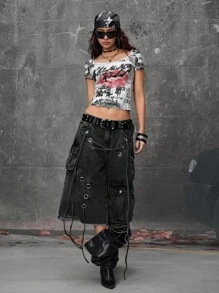 ROMWE Grunge Punk 街头朋克风做旧宽松超低腰女式牛仔七分裤 - 黑色 - 查看 9