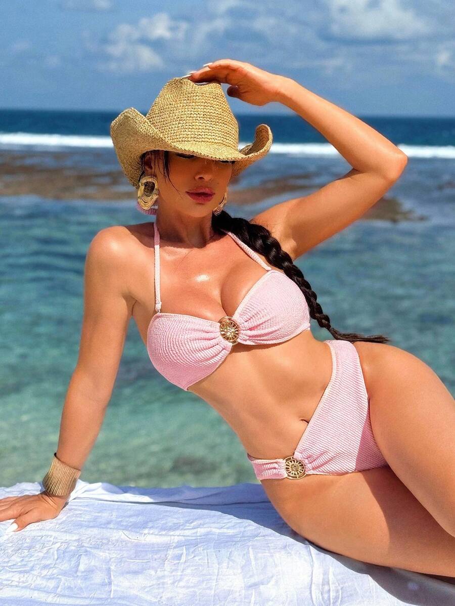 Swim SXY Women's Elegant Casual Beach Vacation Party Solid-Color Pink Special Fabric Bikini Two Pieces Swimwear For Summer - Pink - View 1