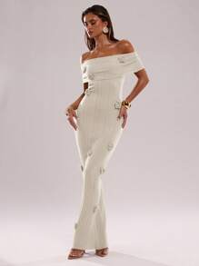 SHEIN BAE 1 chiếc váy hở vai họa tiết hoa 3D bán trong suốt gợi cảm dành cho nữ - Màu be - Xem 4